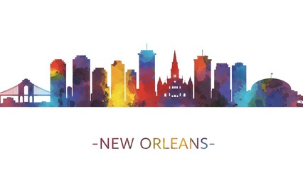 Vibrant Digital Art of New Orleans Skyline: A Modern and Colorful Cityscape Showcasing Iconic Landmarks in Stunning Silhouettes 