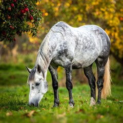 Dapple Gray Horse Grazing Peacefully in an Orchard.