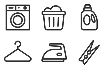The image is a collection of laundry symbols and icons. The symbols include a washing machine, a dryer, a basket, a bottle. Vector.