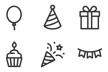 A black and white drawing of a birthday party with a cake, balloons, and a gift. The drawing conveys a festive and celebratory mood. Vector.