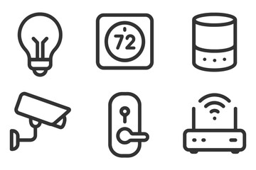 Fototapeta premium A series of icons for home appliances and security systems. The icons include a light bulb, a thermostat, a camera, a door, a key. Vector.