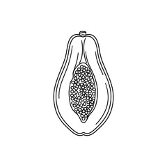 Papaya fruit cut in half revealing seeds, presented in a minimalist line drawing style, evokes a sense of simplicity and natural beauty.