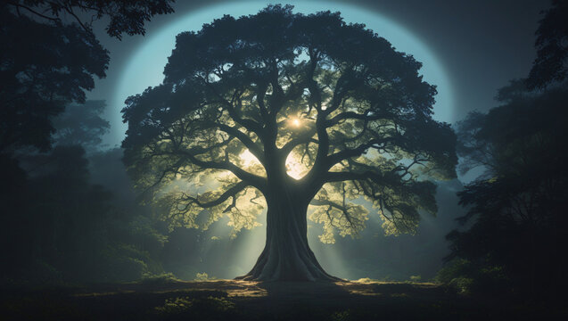 Dramatic blue-toned photograph of an old, huge tree with an intense sunburst at the center.