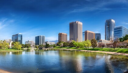 san jose s downtown skyline as seen from the shoreline of guadalupe river park on a sunny spring day silicon valley california