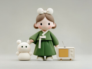 3D girl in hanbok with bear character and vintage TV on gray background