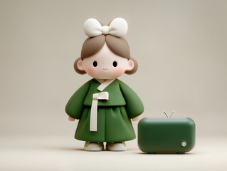 3D girl in green hanbok with small TV on soft beige background