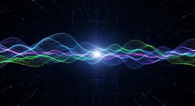 Abstract glowing digital sound wave with light in the center
