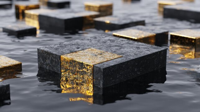 Abstract gold cubes on dark water,