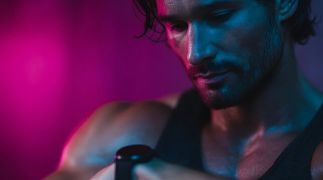 Muscular man checking his smartwatch during an intense neon lit fitness workout showcasing dedication and modern technology