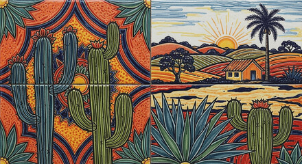 Vibrant Southwestern Desert Landscape Scenes Featuring Cacti Agave Plants and Rural Homesteads Under a Radiant Sunrise