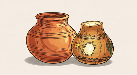 Two earthenware pottery vessels one plain and the other decorated with patterns and depictions of natural elements