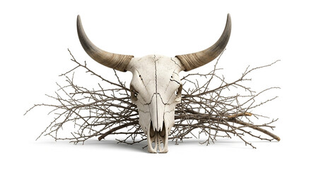 Eerie animal skull adorned with dry thorny branches on a stark white background a symbol of wilderness and decay