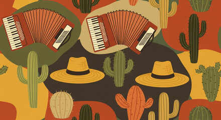 A Vibrant Southwestern Desert Landscape Featuring Folkloric Musical Instruments and Traditional Cowboy Headwear in a Repeating Pattern