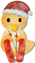 Cute yellow duckling with Christmas decorations and roller skates. Christmas illustration of a yello