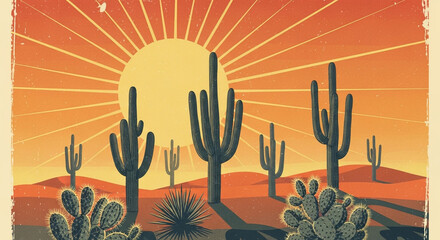 A Serene Sunset Bathes a Vast Arid Landscape in Warm Hues Illuminating Silhouetted Desert Cacti and Sparse Vegetation
