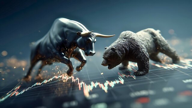 Financial concept featuring a bull and bear confronting over a stock chart