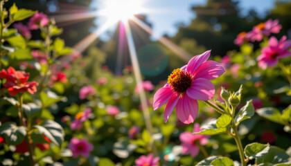 Pink flower sunlight garden green leaf summer nature blooming outdoor