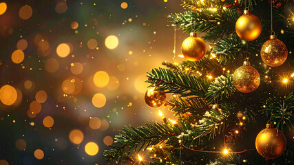 Christmas tree with glowing lights and golden ornaments, soft bokeh background