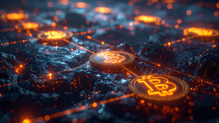 Finance and investment 3D concept, abstract glowing lines connecting currency symbols (USD, EUR, BTC), dark futuristic backdrop.