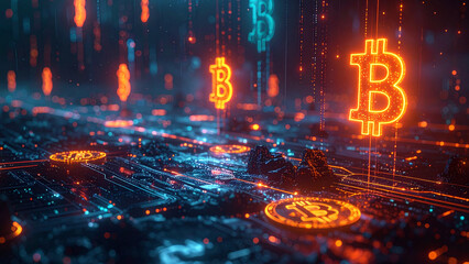 Finance and investment 3D concept, abstract glowing lines connecting currency symbols (USD, EUR, BTC), dark futuristic backdrop.