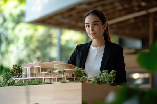A focused woman in a black blazer intently examines a detailed architectural model of a modern building complex with lush greenery.