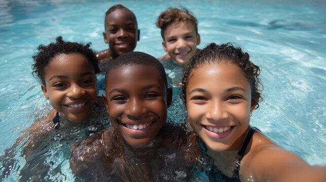 Children Learning To Swim Together In Pool - Powered by Adobe