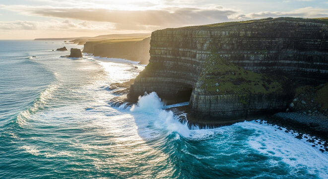 Aerial view of cliffs of moher ireland ocean waves crashing scenic landscape travel destination photography