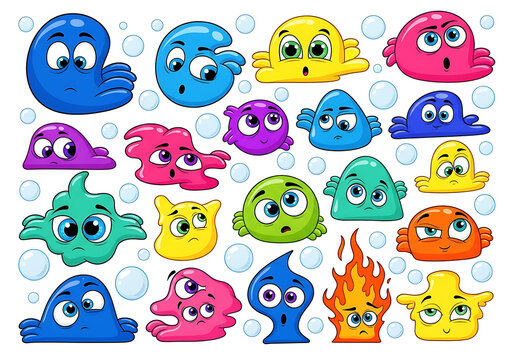 Colorful Cartoonish Creatures with Expressive Eyes and Unique Shapes Various Colors.