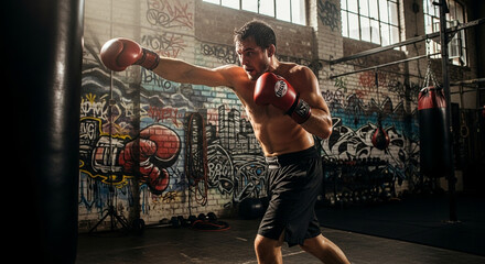 Man training boxing workout punching bag in gym for fitness and strength training with red boxing gloves