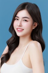 Pretty Young Asian Woman with Healthy Skin Natural Makeup. Skincare Beauty Concept.