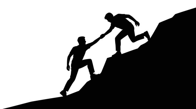 Determined individuals collaborating to conquer challenging ascent, symbolizing teamwork and mutual support on a steep incline.