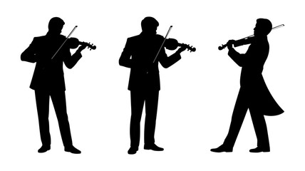 Musicians performing classical music with elegant silhouettes of violinists and a cellist on a white background.
