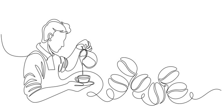 Continuous line art drawing of a barista pouring coffee or milk into a cup. Ideal for cafe themes and beverage concepts.