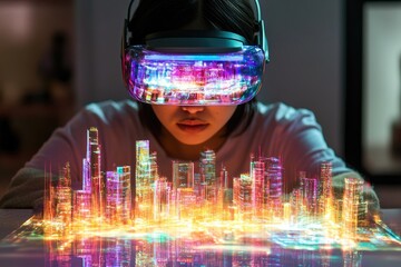 A person immersed in a vibrant, futuristic city simulation through an advanced VR/AR headset, witnessing a holographic cityscape projection come to life. Digital urban planning and extended reality.