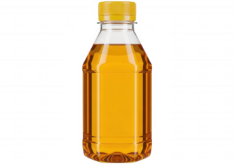 Clear bottle amber liquid yellow cap isolated on a transparent background