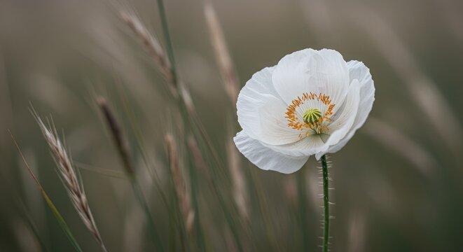 Dreamy white poppy with delicate petals and golden center dancing in a field of wheat, evoke feelings of peace, simplicity and purity for branding, wellness, and mindful marketing