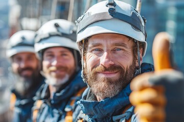 Three construction workers smiling wearing safety helmets and giving a thumbs up, showing camaraderie and good work in front of a bright sky background.