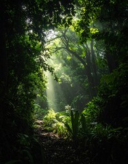 Fototapeta premium Sunlit Path Through the Lush Green Forest.