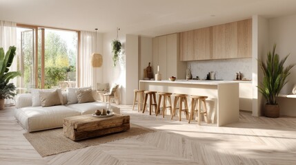 Bright Scandinavian living room with wood accents and modern kitchen
