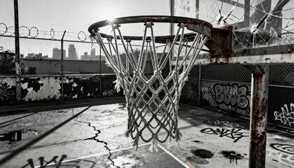 Basketball hoop on abandoned court with urban decay scene