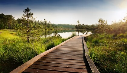close up of a wooden board walk along a little lake