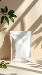 Minimalist Packaging Mockup with Natural Light and Leaf Shadows.