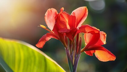 close up of a red canna lily blossom in sunshine