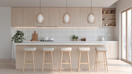 Fototapeta premium Minimalist kitchen interior with wooden cabinets and modern bar stools