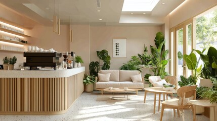Cozy cafe interior with soft lighting and lush indoor plants