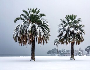 Palm Trees in Winter - A Snowy Landscape.