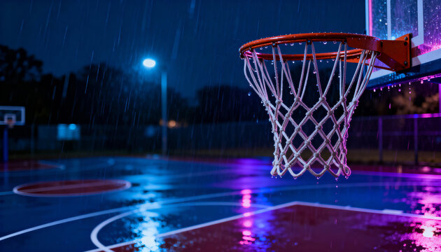 Basketball hoop in rain at night outdoor court atmosphere