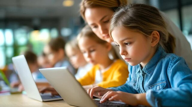 A group of tech-savvy primary school children using laptops and tablets in class, guided by a young female teacher on internet safety, primary school tech class, children coding ed