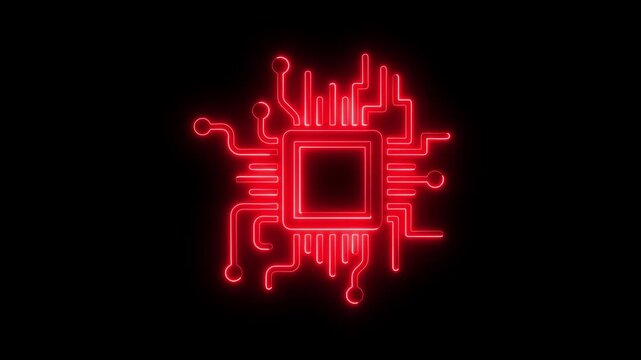 Neon microchip icon animation. Glowing computer processor chip icon animation. neon line Animated circuit board. Digital technology background. Central computer processor CPU concept. 4k video....
