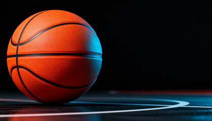 Basketball on court with neon light orange and cyan
